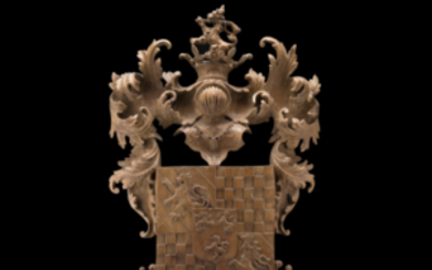 A wooden coat of arms of the Cisa Asinari family with motto "Crescit in adversis virtus". Late 19th century (cm...