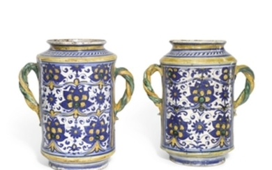 A pair of Italian maiolica two-handled albarelli, Cafaggiolo, circa 1500-20