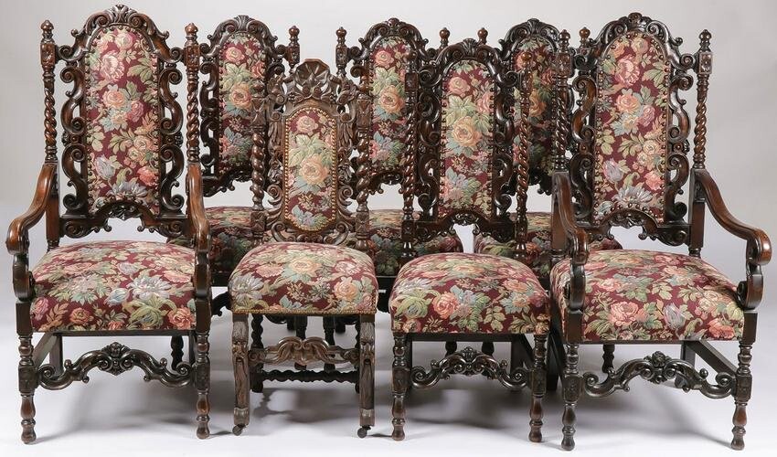 7 MATCHING CARVED DINING CHAIRS 19TH C