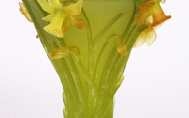 Daum, France, pate de verre Jonquille vase, having a tapered form in orange to green, decorated with daffodils, signed on underside...