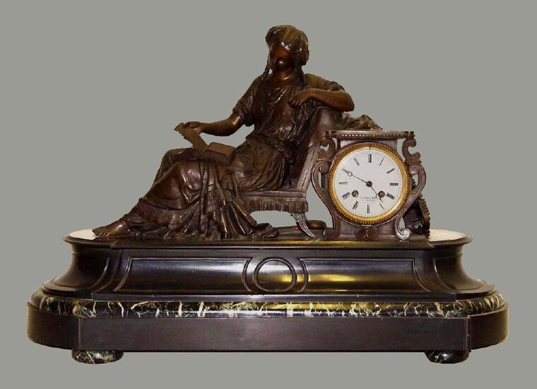 19c FRENCH BRONZE MANTLE CLOCK RECLINING FEMALE A