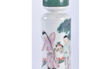 A 19TH CENTURY CHINESE FAMILLE ROSE CYLINDRICAL SNUFF BOTTLE...
