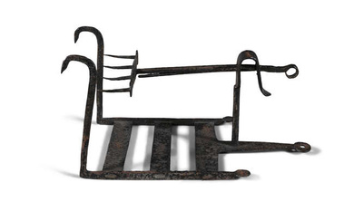 A 19TH CENTURY FORGED IRON CLIP-ON HEARTH ROASTER AND...
