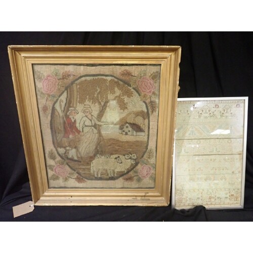 A 19TH CENTURY NEEDLEWORK PICTURE 44cm x 39cm, together with...