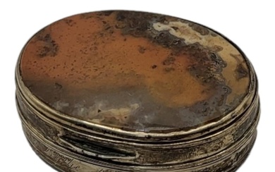 A 19TH CENTURY WHITE METAL AND HARDSTONE OVAL SNUFF BOX The ...