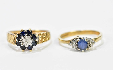 A 9ct yellow gold sapphire and diamond ring with textured...