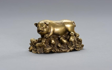A BRONZE LUCKY CHARM OF A SOW WITH HER YOUNG