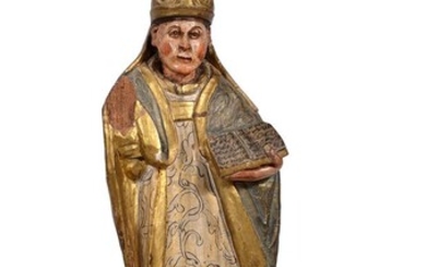 A CARVED AND POLYCHROME DECORATED FIGURE OF A BISHOP, PROBABLY SPANISH OR PORTUGUESE