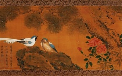 A CHINESE FLOWER AND BIRD PAINTING ON SILK, MOUNTED, QIAN YUAN MARK