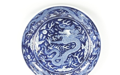 A CHINESE QING KANGXI PERIOD BLUE AND WHITE DRAGON BOWL with...