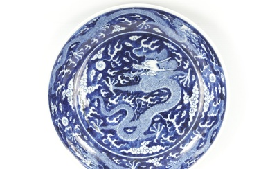 A CHINESE QING KANGXI PERIOD BLUE AND WHITE DRAGON...