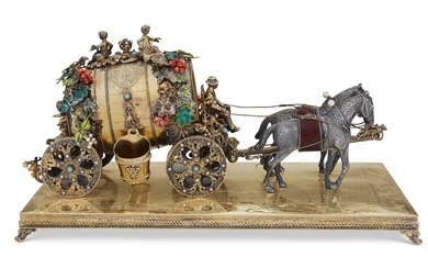 A CONTINENTAL ENAMEL AND PEARL-MOUNTED SILVER AND SILVER-GILT MODEL OF A BARREL-FORM CARRIAGE PROBABLY AUSTRA-HUNGARY, CIRCA 1900