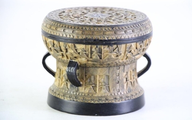 A Carved Soapstone Lidded Canister with Probably North African Relief Motif (Dia 10cm H 8cm)