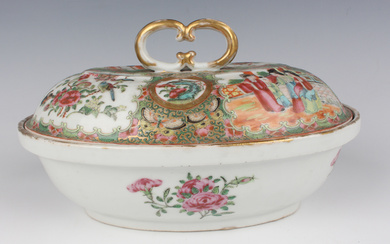 A Chinese Canton famille rose porcelain oval tureen and cover with gilt twin loop handle, mid to lat