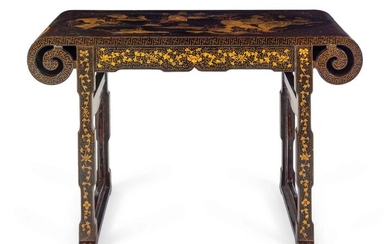 A Chinese Export Black and Gilt Lacquered Scroll Table