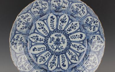 A Chinese blue and white porcelain circular dish, Kangxi period, painted with a central lotus and te