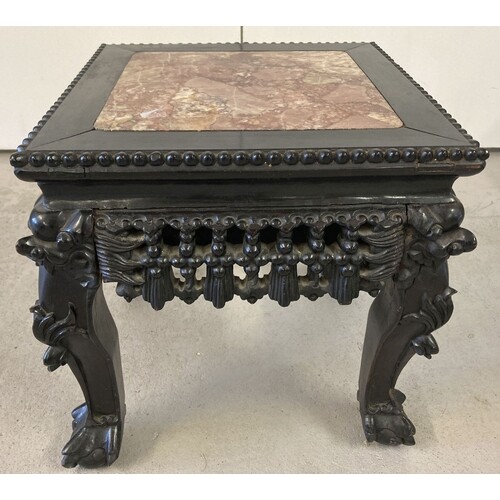 A Chinese carved hardwood square topped plant stand. With ba...