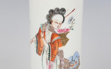 A Chinese famille rose porcelain brushpot, mark of Tongzhi but probably later, of cylindrical form