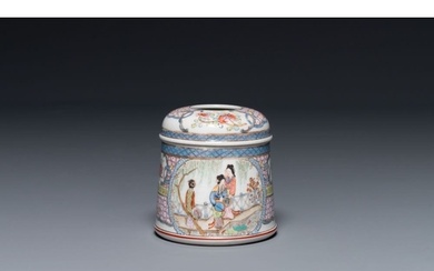 A Chinese famille rose round box and cover with figural desi...