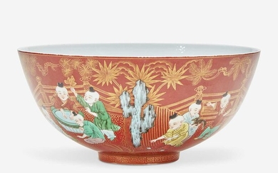 A Chinese famille verte coral-ground porcelain "Boys" bowl 五彩珊瑚地“童子”碗