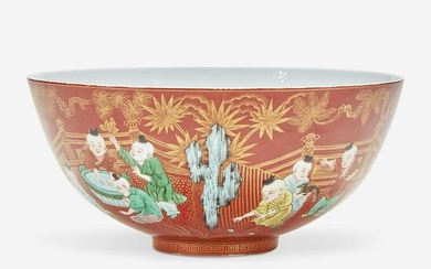 A Chinese famille verte coral-ground porcelain "Boys"