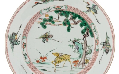 A Chinese famille verte plate, decorated with cranes,...