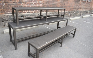 A DEDON OUTDOOR TABLE WITH TWO BENCHES (A/F)