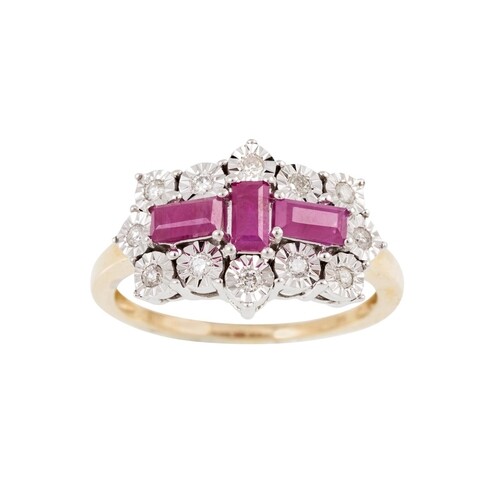 A DIAMOND AND RUBY CLUSTER RING, the baguette cut rubies to ...