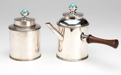 A Dutch silver pot and tea caddy with turquoise finials