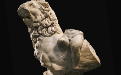 A FRAGMENTARY ROMAN MARBLE GROUP OF AN EROTE RIDING A SEA-LION, CIRCA 2ND CENTURY A.D.
