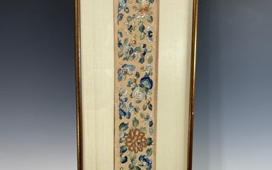 A FRAMED CHINESE QING DYNASTY EMBROIDERED SILK PANEL WITH FLOWERS AND BUTTERFLIES, 18TH CENTURY
