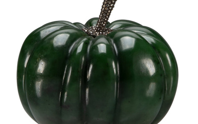 A Faberge Imperial Diamond Set Silver-Mounted Carved Nephrite Gum Pot in Green Tomato Form