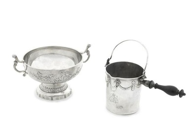A French silver milk jug and a French Louis XV silver coin wine bowl unknown maker's mark 'LJG',...