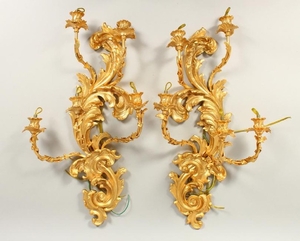 A GOOD PAIR OF FRENCH ORMOLU FIVE BRANCH WALL SCONCES