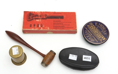 A GROUP OF COLLECTABLE ITEMS, INCLUDING A UNIVERSAL WATCH CASE OPENER, A NUTCRACKER, A VINYL LP CLEANER, A BRASS VESTER AND A RUBBER...