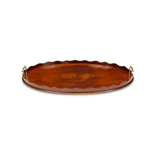 A George III mahogany oval tray Decorated with a central syc...