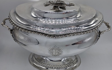 A George III silver soup tureen, twin handled, engraved...