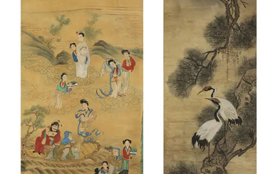 A Japanese painting of cranes beneath pines and a Chinese figurative painting...
