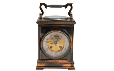 A LATE 19TH CENTURY FRENCH COPPER CASED OVERSIZED TRAVEL CLOCK WITH COMPASS AND THERMOMETER TO TOP