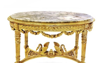 A LOUIS XVI FIGURAL GILTWOOD AND MARBLE-TOP TABLE