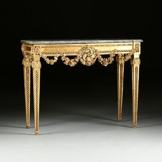 A LOUIS XVI STYLE MARBLE TOPPED GILTWOOD CONSOLE TABLE