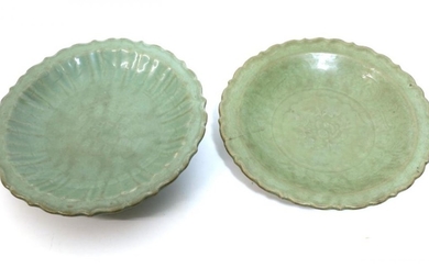 A Longquan Celadon Dish, Ming dynasty, carved with lattice and...