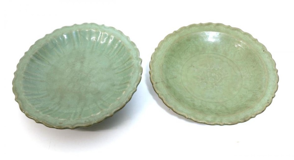 A Longquan Celadon Dish, Ming dynasty, carved with lattice and...