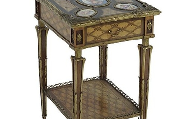 A Louis XV Brass Mounted Marquetry and Porcelain Style