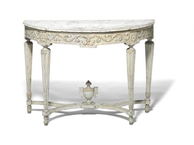 A Louis XVI painted console, 'demi lune' imitated marble top. Late 18th century. H. 85 cm. W. 120 cm. D. 53 cm.
