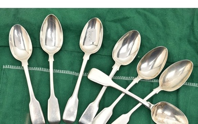 A MATCHED SET OF SEVEN VICTORIAN SILVER FIDDLE PATTERN TEASP...