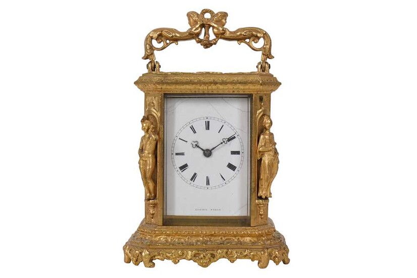A MID-19TH CENTURY FRENCH GILT BRASS STRIKING CARRIAGE CLOCK BY LUCIEN, PARIS