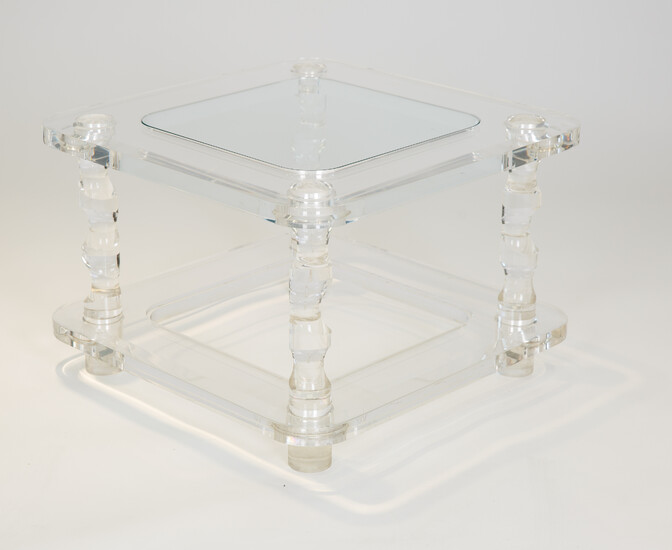 A MODERN LUCITE AND GLASS TABLE