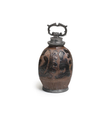 A Muskau pewter-mounted stoneware octagonal flask, circa 1700