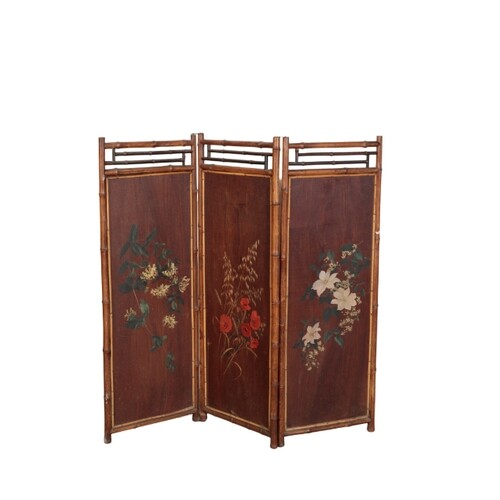 A PAINTED BAMBOO FOLDING SCREEN the front of each of the thr...